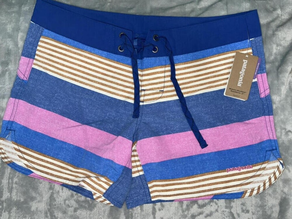 NWT Womens Patagonia 5" Wavefarer Board Shorts Fitz Stripe Pink/Navy Sz 2